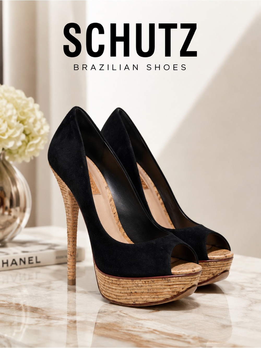 Schutz Black Suede Peep-Toe Platform Stiletto Heels Cork Bamboo Texture Sz 10